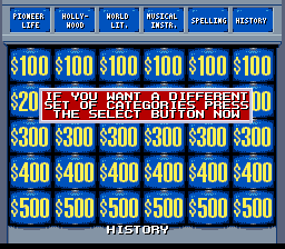 Jeopardy! Deluxe Edition (SNES) screenshot: The player is given a chance to change the categories before the game starts