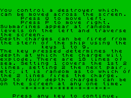 Sub Chase (ZX Spectrum) screenshot: Instructions, page 1
