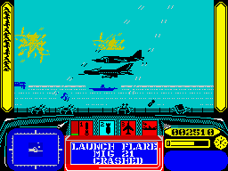 Harrier 7 (ZX Spectrum) screenshot: Being shot by anti-aerial.