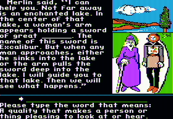 Read & Spell: In the Days of Knights and Castles (Apple II) screenshot: Arthur and Merlin out on a walk