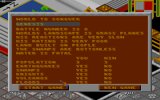 Populous (Atari ST) screenshot: Starting a new game.