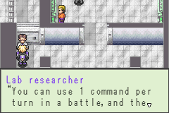 Zoids: Legacy (Game Boy Advance) screenshot: At a science lab: A helpful employee informs us about tactics.