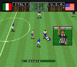 Capcom's Soccer Shootout (SNES) screenshot: A player gets a red card.