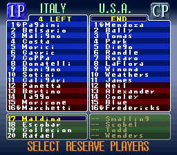 Capcom's Soccer Shootout (SNES) screenshot: Team rosters