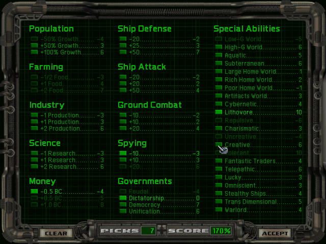 Master of Orion II: Battle at Antares (Windows) screenshot: Race customization