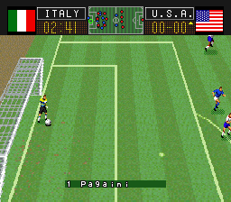 Capcom's Soccer Shootout (SNES) screenshot: The goalkeeper has the ball.