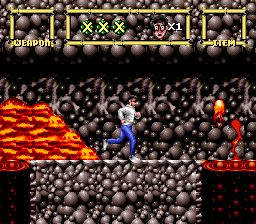 Lester the Unlikely (SNES) screenshot: Only a moron goes jogging with lava behind him. Either that, or he's clearly Gump-influenced.