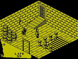 Fairlight (ZX Spectrum) screenshot: Watch out for that guy sneaking up from behind!
