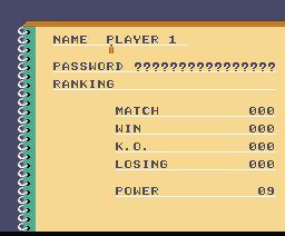Ring King (MSX) screenshot: Enter your name or a password of a previous tournament. It also shows your match statistics.