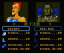 Ring King (MSX) screenshot: Each won match gives you extra power that can be used to power-up your punch, speed or stamina.