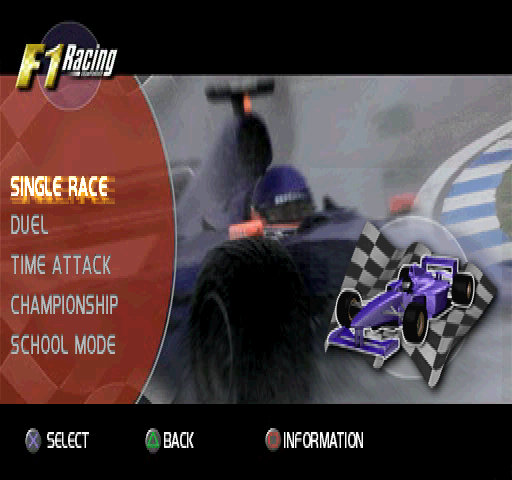 F1 Racing Championship (PlayStation) screenshot: Simulation mode menu.