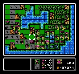 Famicom Wars (NES) screenshot: The Red Star and Blue Moon armies are tightly engaged.