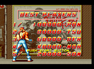 Fatal Fury (Neo Geo) screenshot: Ranking "Best Players" screen with default scores and Terry Bogard seeing a big tournament poster.