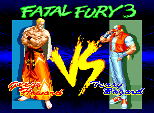 Fatal Fury 3: Road to the Final Victory (Neo Geo) screenshot: Here in this anime-style VS. screen, you can see Geese Howard smiling menacingly at his worst, most hated enemy, Terry Bogard.
