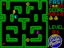 Fast Food (ZX Spectrum) screenshot: The shield power up allows you to kill the enemies by walking into them