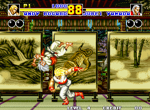 Fatal Fury 2 (Neo Geo) screenshot: Fighting inside a Japanese dojo, Andy Bogard throws Jubei Yamada, who certainly looks caught off guard...