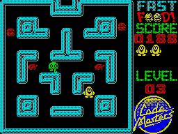 Fast Food (ZX Spectrum) screenshot: It isn't until level 3 that you first encounter the monsters