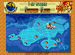 Fatal Fury 3: Road to the Final Victory (Neo Geo) screenshot: Here on this battle route map, you can see that Geese Howard gets transported from battle to battle by his private chauffeur.