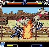 Fatal Fury: First Contact (Neo Geo Pocket Color) screenshot: Alfred's counterattack is unavoidably stopped by the smashing power of Terry's Power Geyser.