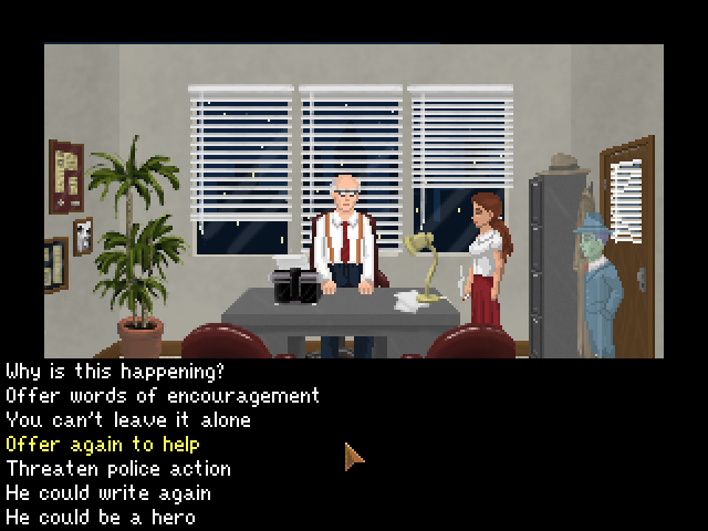 Blackwell Unbound (Macintosh) screenshot: Talking to Mitchell about the killings