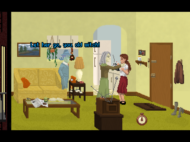 Blackwell Unbound (Macintosh) screenshot: Unfortunately, Joey cannot help his medium friend, only watch and hope for the best