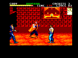 Final Fight (Amstrad CPC) screenshot: Must be entertaining for the customers watching a fight outside a restaurant