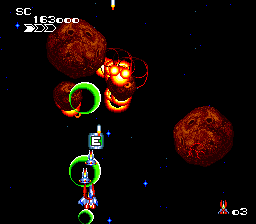 Final Soldier (TurboGrafx-16) screenshot: Flying through asteroids
