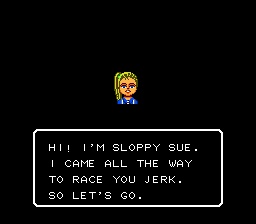 Final Lap Twin (TurboGrafx-16) screenshot: The dialog is pretty funny, especially if you choose a dumb name.