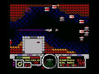 Fire Hawk: Thexder - The Second Contact (MSX) screenshot: Flying through a heavily guarded area...