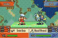 Fire Emblem: The Sacred Stones (Game Boy Advance) screenshot: Since swords are strong against axes, the knight has an advantage in this battle