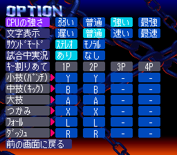 Jikkyō Power Pro Wrestling '96: Max Voltage (SNES) screenshot: Option.