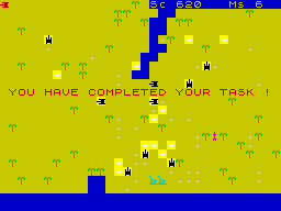 Games Pack 1 (ZX Spectrum) screenshot: 3. Battle: Game complete.<br> 9 tanks were destroyed, more than 600 points won, and the player's tank was successfully driven to the border.