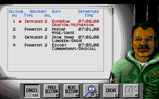 Flight of the Intruder (Amiga) screenshot: The flight roster for this mission.