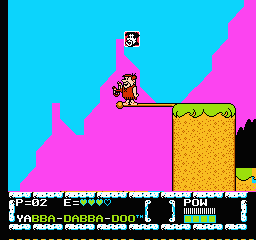 The Flintstones: The Surprise at Dinosaur Peak! (NES) screenshot: Barney can stand on a rope for an instant and jump to reach the extra life.