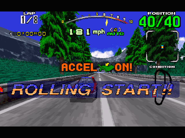 Daytona USA (Windows) screenshot: On the Beginner track, you begin with a rolling start.