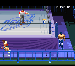 Jikkyō Power Pro Wrestling '96: Max Voltage (SNES) screenshot: Look at that pussy running.
