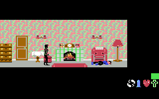 Frankie Goes to Hollywood (Commodore 64) screenshot: The player stumbles across a dead body and must find clues to the murderer...
