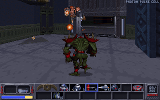Eradicator (DOS) screenshot: Fighting as Kamchak in the third-person view.