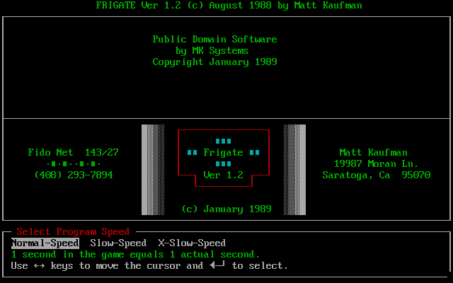 Frigate (DOS) screenshot: Title Screen & Main Menu.