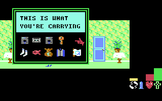 Frankie Goes to Hollywood (Commodore 64) screenshot: The inventory sub-screen, objects are used by clicking on them