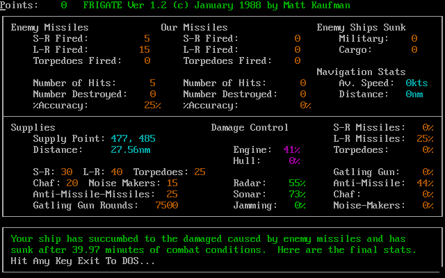 Frigate (DOS) screenshot: I lost...as usual...
