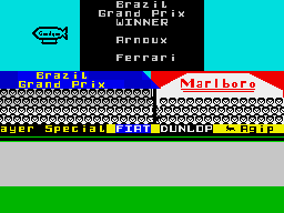 Formula One (ZX Spectrum) screenshot: René wins