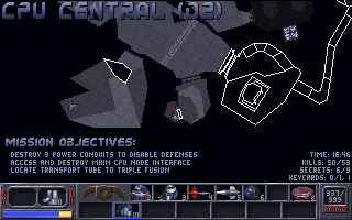 Eradicator (DOS) screenshot: The Geosurvey powerup will show unexplored areas (including secrets) on the map, much like the Computer Area Map in <i>Doom</i>.