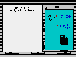 the Fourth Protocol (ZX Spectrum) screenshot: You can assign watchers on someone, if you need to.