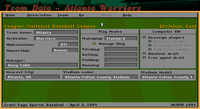 Front Page Sports: Baseball '94 (DOS) screenshot: Modifying a team.