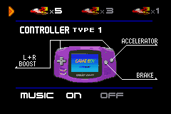 F-Zero: Maximum Velocity (Game Boy Advance) screenshot: Options screen. Modify the control, number of spare machines and activate the music or not.