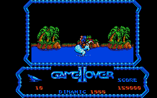 Game Over II (Atari ST) screenshot: In zone 4 you ride a fat, tail-less kangaroo through a swamp... weird!