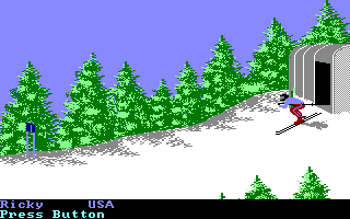 The Games: Winter Edition (Amiga) screenshot: Down Hill - Getting ready to start.