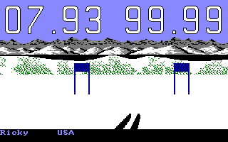 The Games: Winter Edition (Amiga) screenshot: Down Hill - First person view while you ski.