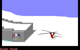 The Games: Winter Edition (Amiga) screenshot: Ski Jump - Landed head first into the snow. Ouch!